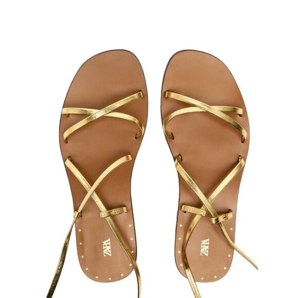 ZARA LACE UP FLAT SANDALS Gold SIZE 8 | 2639/110 25.3 Cm - Picture 3 of 4